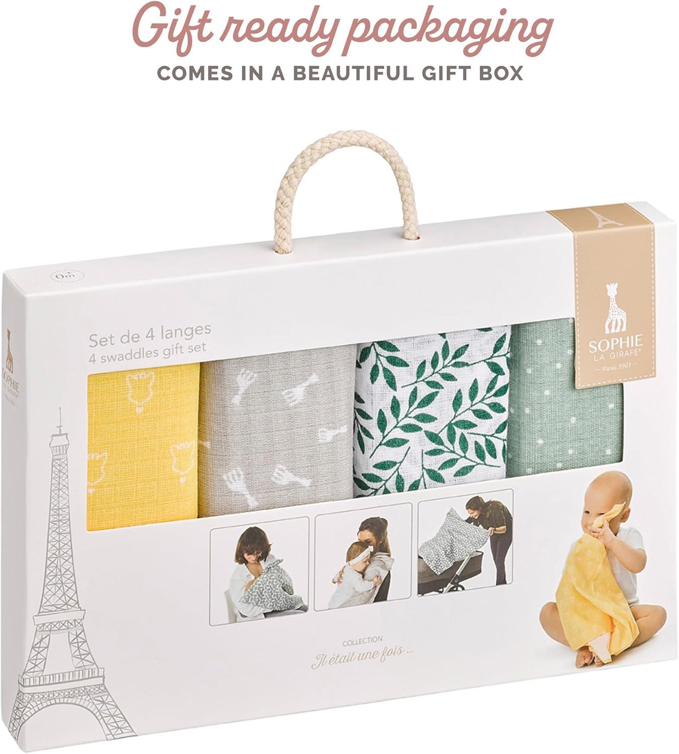 imageSophie la girafe Set of 4 Colored Swaddles Ideal to Welcome Baby Comfort ampamp Soothe Soft ampamp Resistant Material Made of 100 Cotton