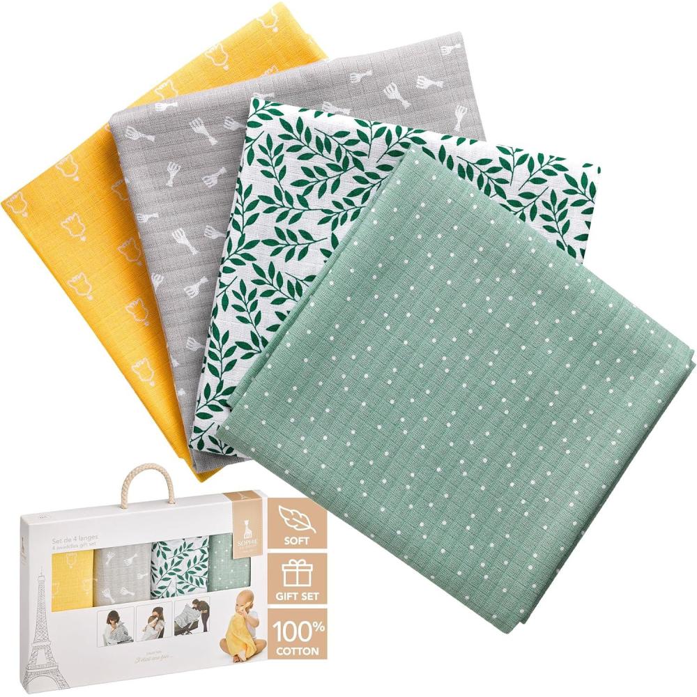 imageSophie la girafe Set of 4 Colored Swaddles Ideal to Welcome Baby Comfort ampamp Soothe Soft ampamp Resistant Material Made of 100 Cotton
