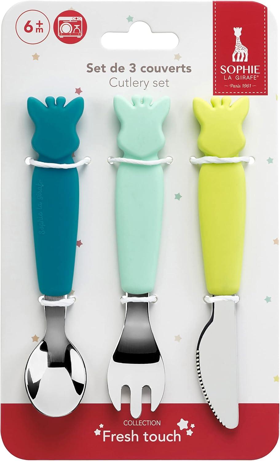 imageSet de 3 couverts en silicone Pastel Sophie la GirafeBleu Vert