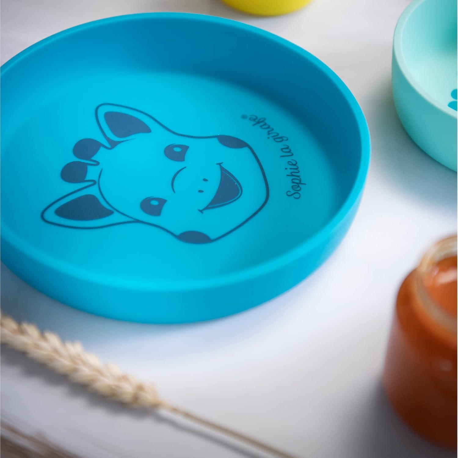 imageSophie la Girafe Assiette Sophie la Girafe en Silicone Lave Vaisselle et microondes Appprendre mangerBleu Vert