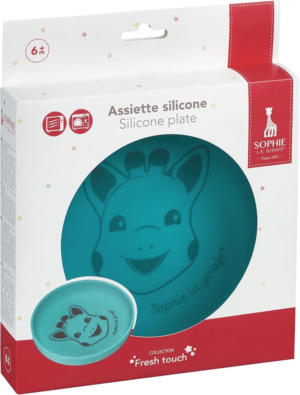 imageSophie la Girafe Assiette Sophie la Girafe en Silicone Lave Vaisselle et microondes Appprendre mangerBleu Vert