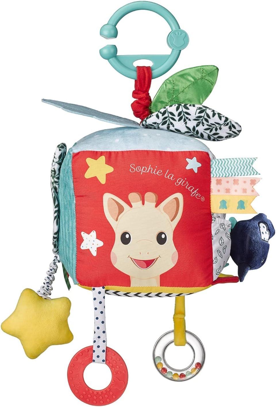 imageSophie la Girafe Maxi Cube Sensoriel Sophie la Girafe Facile Manipuler Jeu dEveil pour Bb 9 Activits Crochet pour Accrocher la Poussette Multicolore