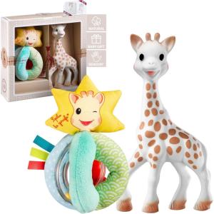 Sophie la Girafe – Coffret Cadeau Naissance Sophie la Girafe + Hochet pouet – Comprend 1 hochet en tissu + jouet à mordiller en caoutchouc 100% naturel – Set d&rsquo;activité pour enfant(Emetteur codé)