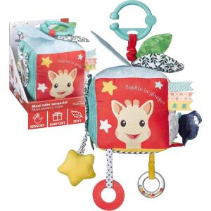 Sophie la Girafe – Maxi Cube Sensoriel Sophie la Girafe – Facile à Manipuler – Jeu d&rsquo;Eveil pour Bébé – 9 Activités – Crochet pour Accrocher à la Poussette – Multicolore