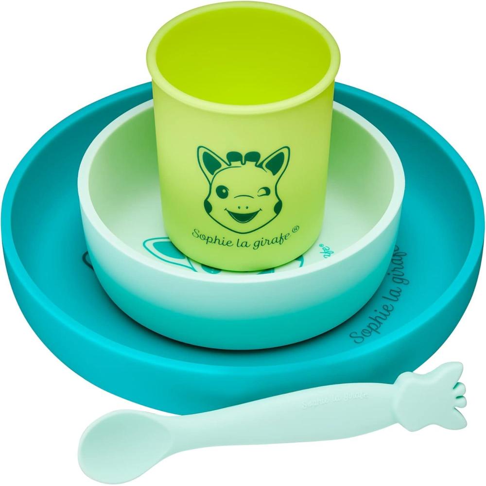 imageSophie la Girafe  Set de Repas Sopie la Girage en Silicone  1 Assiete 1 bol 1 verre et une cuillere Passe au Lave Vaisselle et microondesVert  Bleu