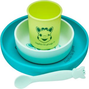 Sophie la Girafe – Set de Repas Sopie la Girage en Silicone – 1 Assiete, 1 bol, 1 verre et une cuillere Passe au Lave Vaisselle et micro-ondes(Vert / Bleu)